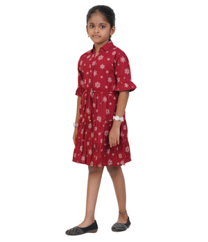 Girls Maroon Snowflake Printed Tiered Casual Dress