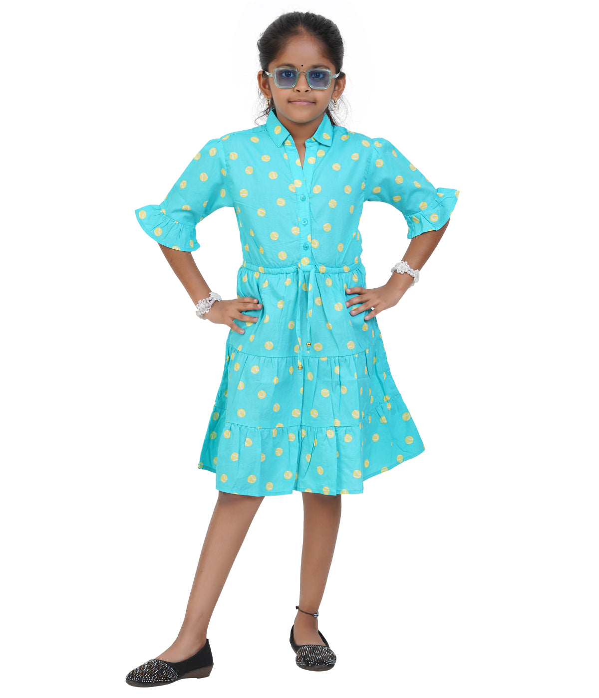 Girls Light Blue Polka Dot Collared Shirt Dress