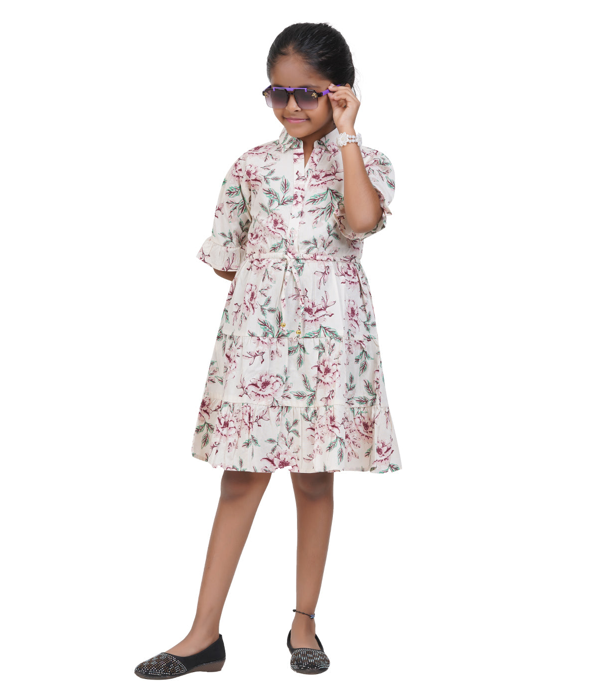 Girls' Printed Shirt Dress with Tie-Up Waist