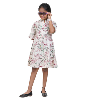 Girls' Printed Shirt Dress with Tie-Up Waist