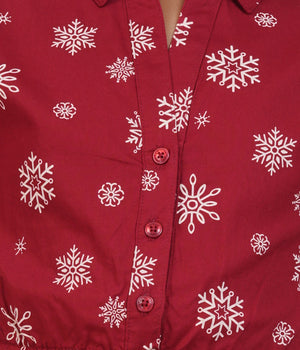 Girls Maroon Snowflake Printed Tiered Casual Dress