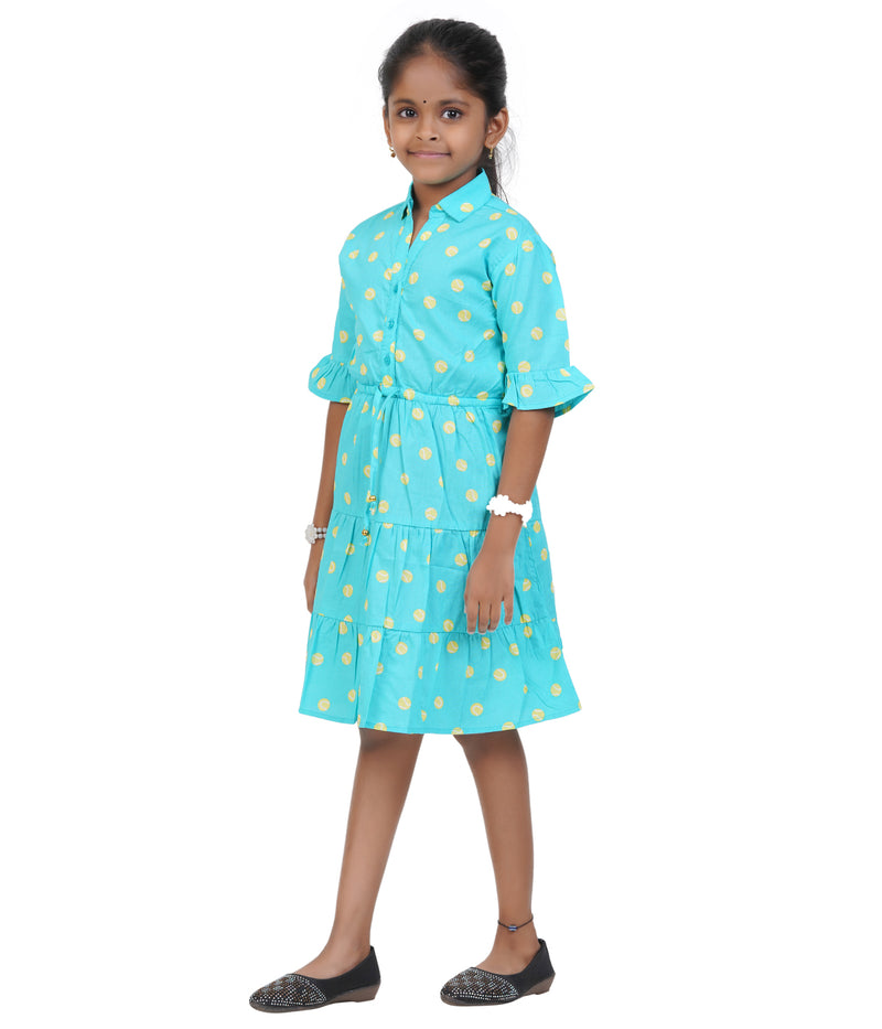 Girls Light Blue Polka Dot Collared Shirt Dress