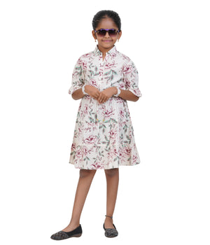Girls' Printed Shirt Dress with Tie-Up Waist