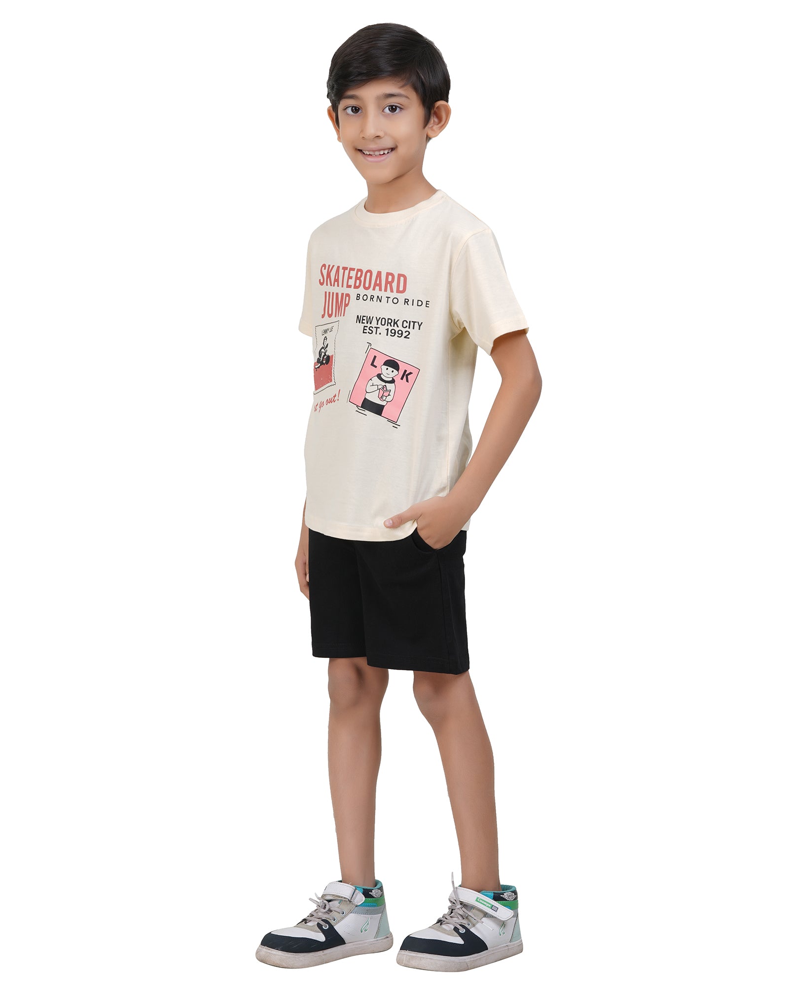 Boys Skateboard Graphic Print Cream T-Shirt