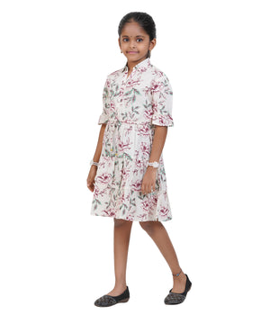 Girls' Printed Shirt Dress with Tie-Up Waist