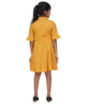 Girls Mustard Yellow Small Dot Tiered Casual Dress