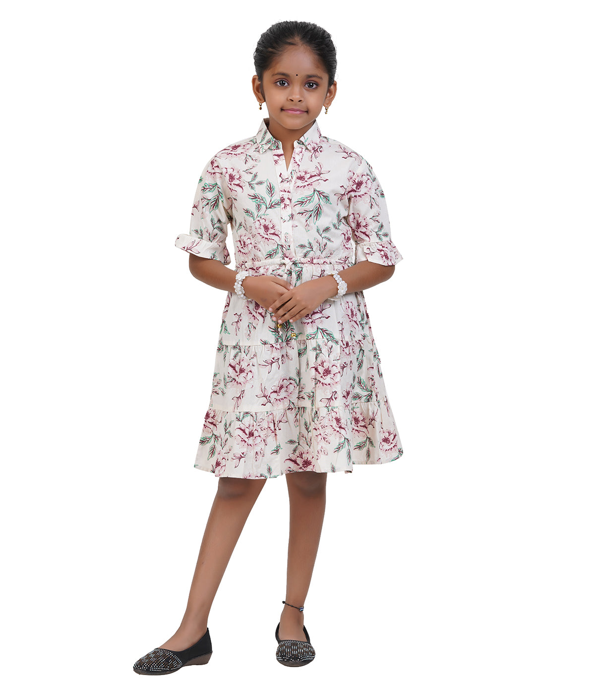 Girls' Printed Shirt Dress with Tie-Up Waist