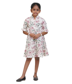 Girls' Printed Shirt Dress with Tie-Up Waist