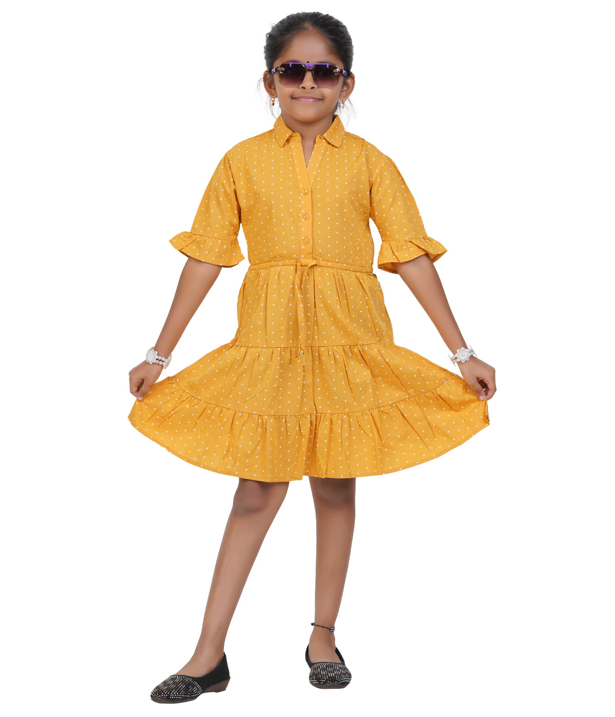 Girls Mustard Yellow Small Dot Tiered Casual Dress