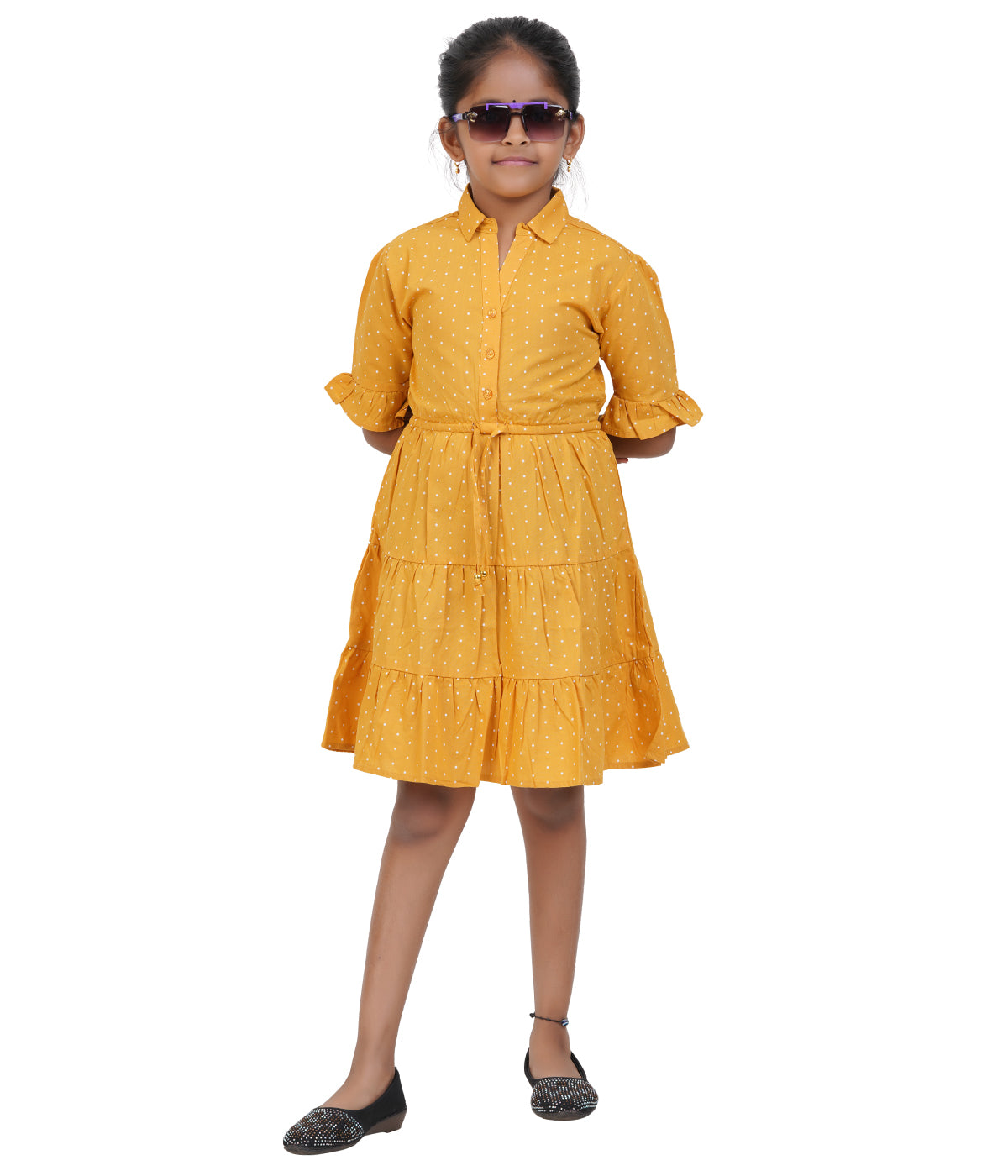 Girls Mustard Yellow Small Dot Tiered Casual Dress