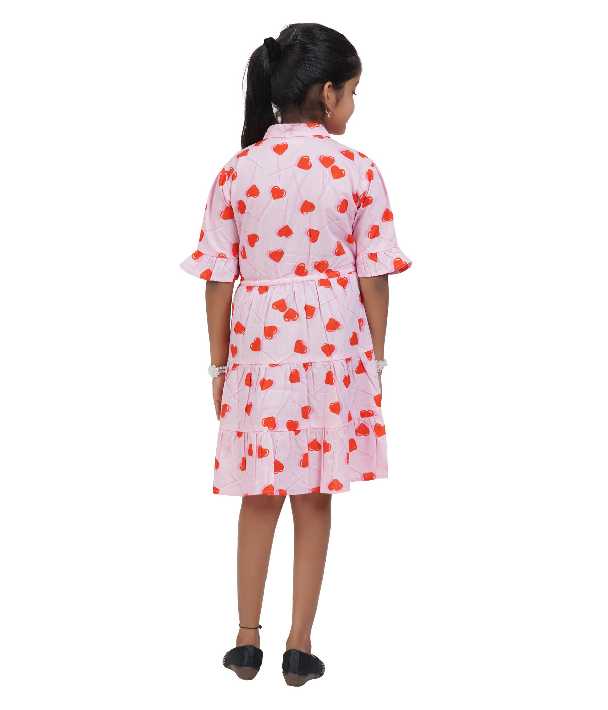 Girls Light Pink Heart Printed Tiered Casual Dress