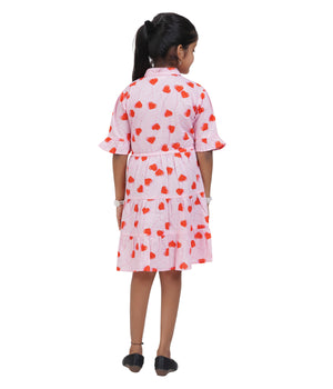 Girls Light Pink Heart Printed Tiered Casual Dress