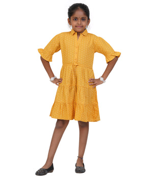 Girls Mustard Yellow Small Dot Tiered Casual Dress