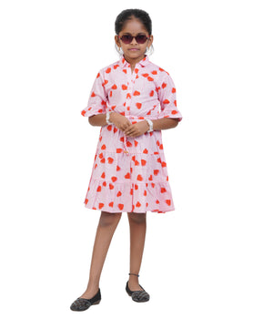 Girls Light Pink Heart Printed Tiered Casual Dress