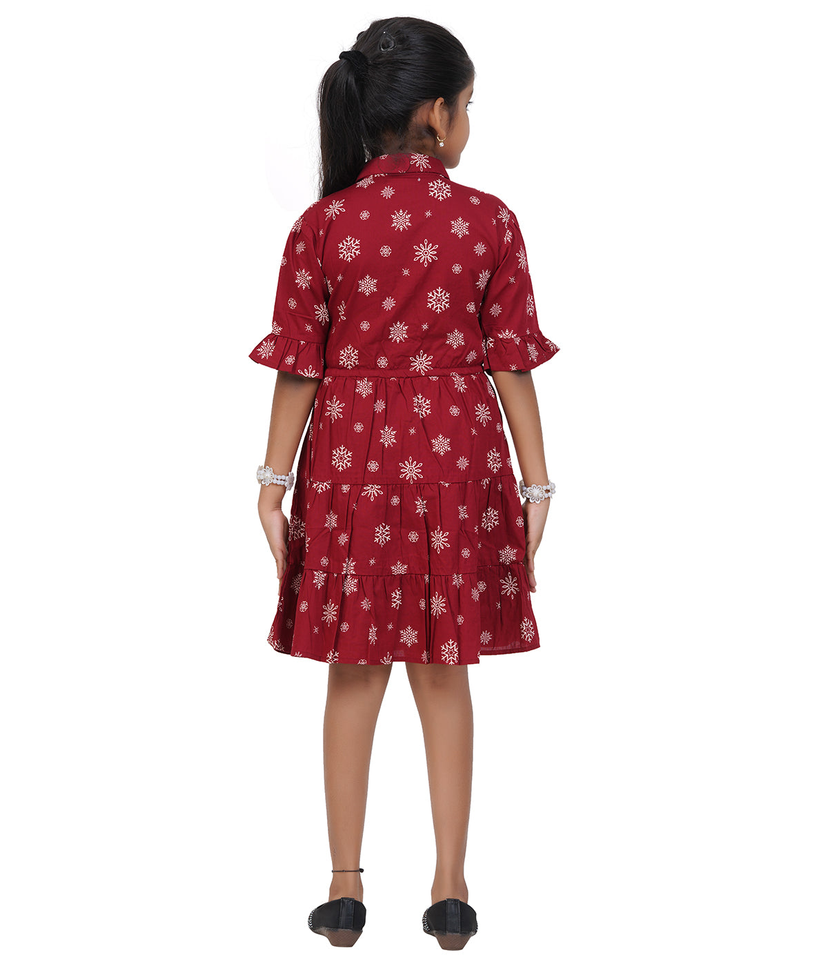 Girls Maroon Snowflake Printed Tiered Casual Dress