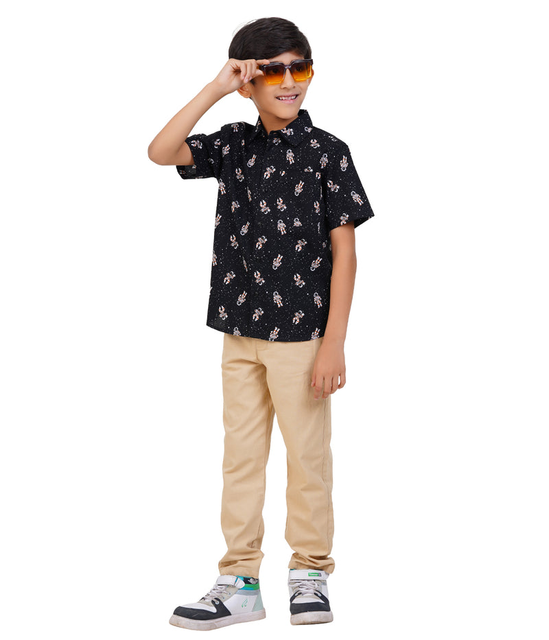 Boys Black Astronaut Printed Casual Shirt