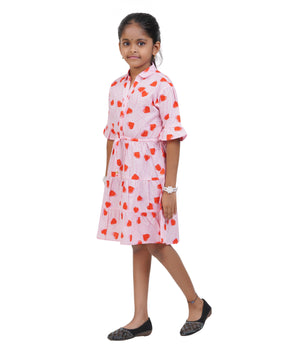 Girls Light Pink Heart Printed Tiered Casual Dress