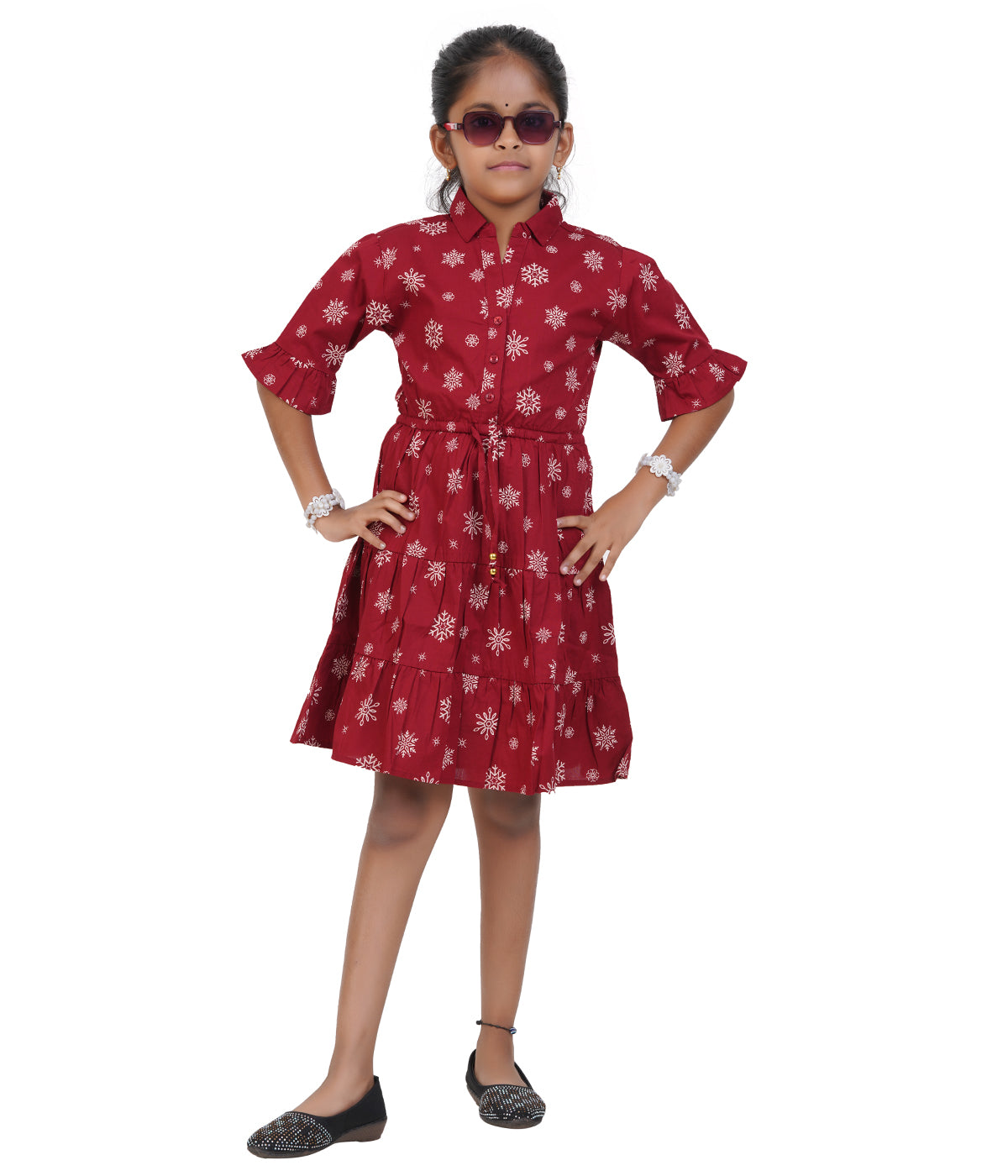 Girls Maroon Snowflake Printed Tiered Casual Dress