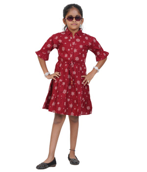 Girls Maroon Snowflake Printed Tiered Casual Dress
