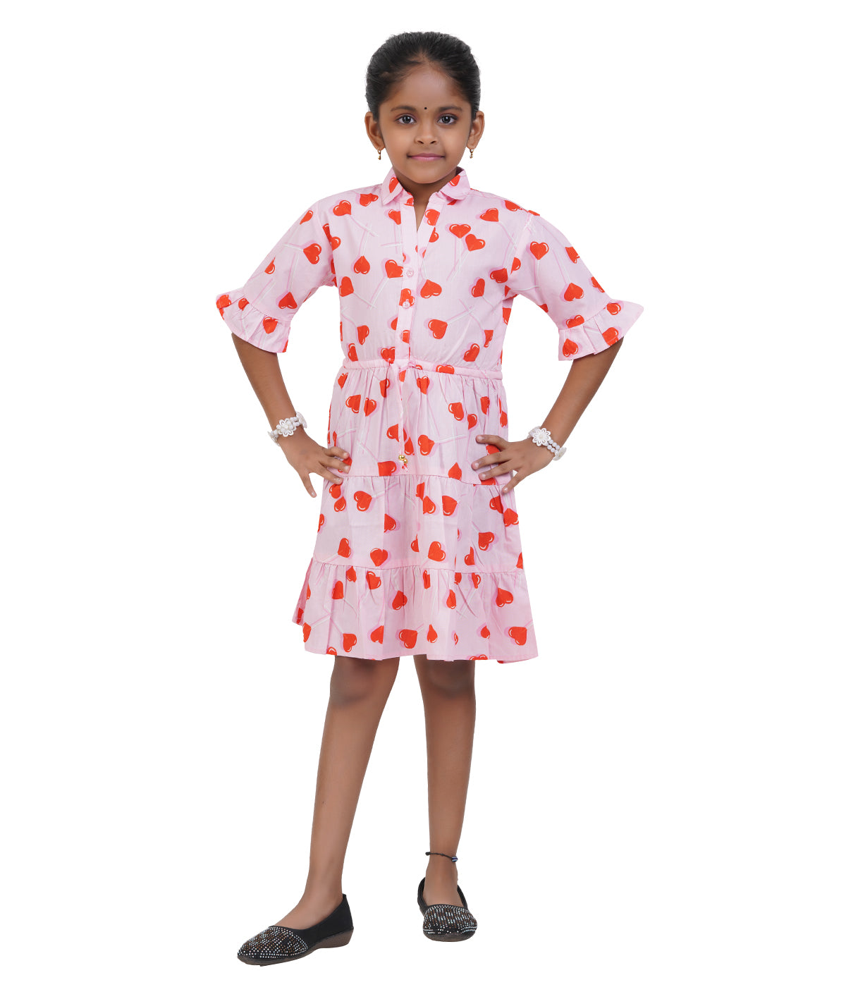 Girls Light Pink Heart Printed Tiered Casual Dress