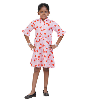 Girls Light Pink Heart Printed Tiered Casual Dress