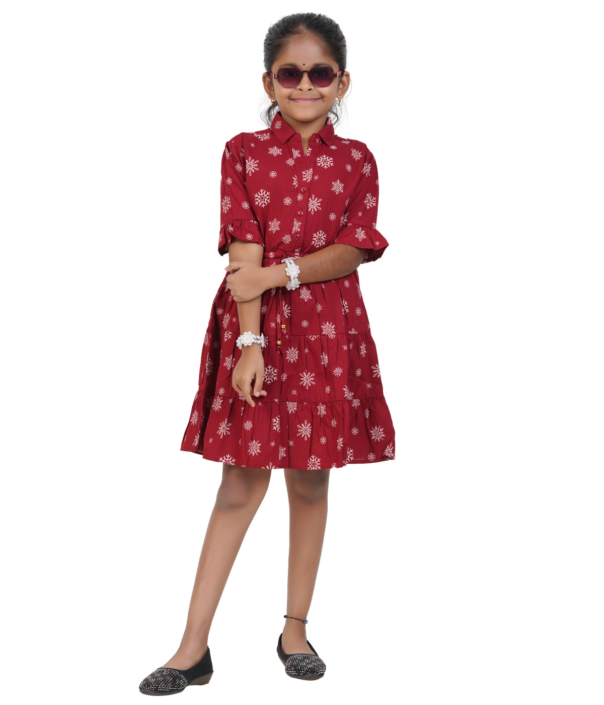 Girls Maroon Snowflake Printed Tiered Casual Dress