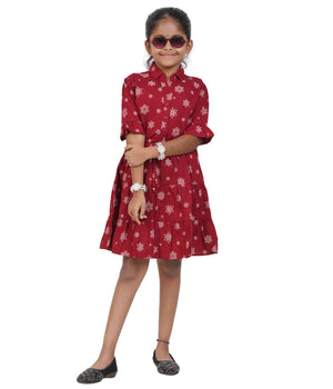 Girls Maroon Snowflake Printed Tiered Casual Dress