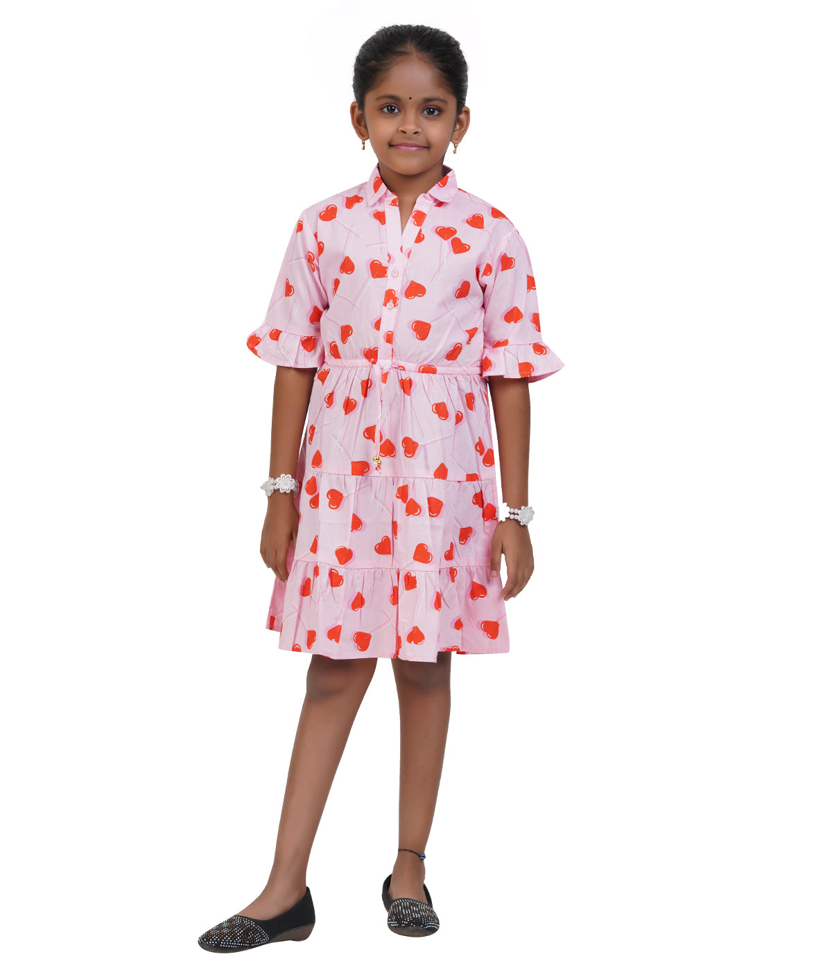 Girls Light Pink Heart Printed Tiered Casual Dress