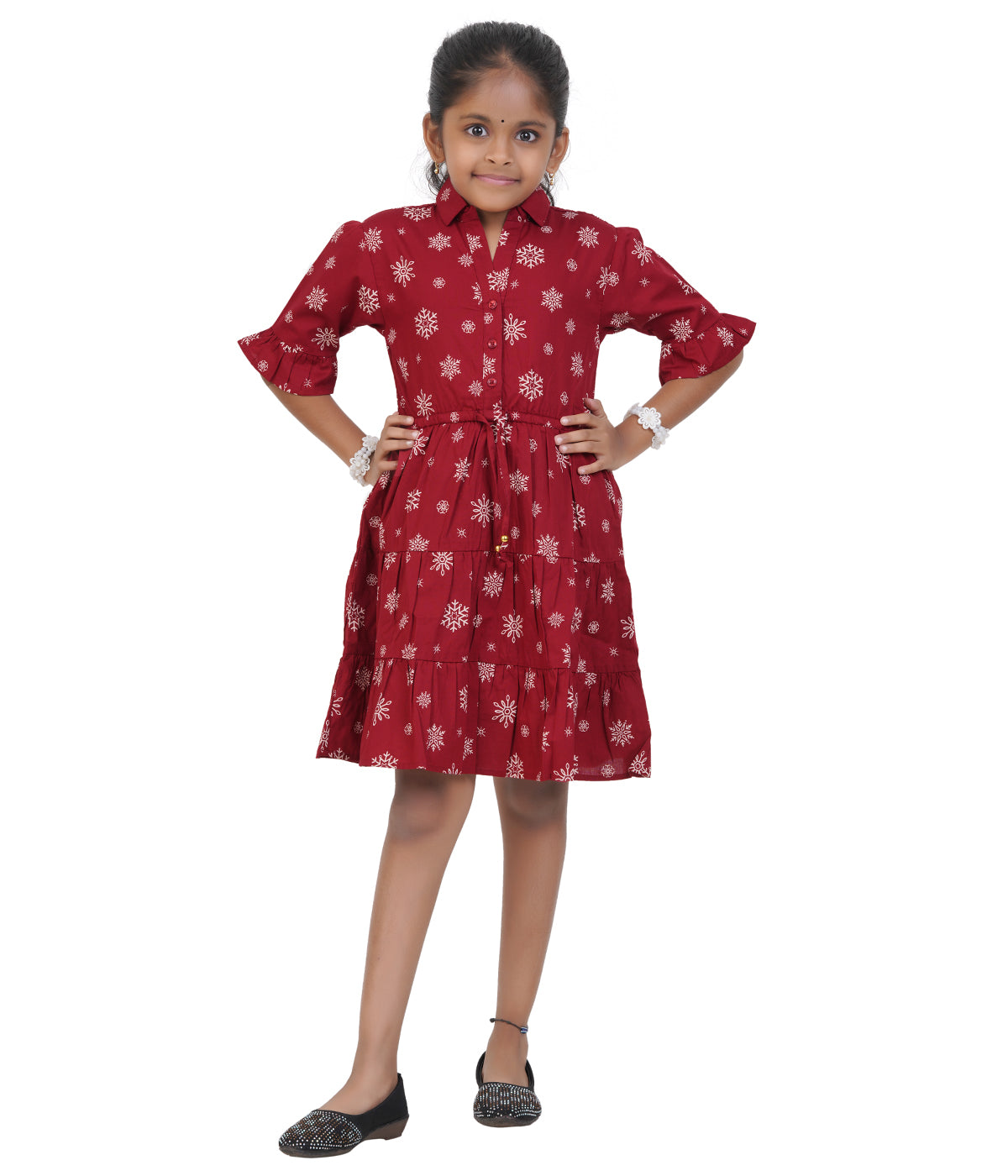 Girls Maroon Snowflake Printed Tiered Casual Dress