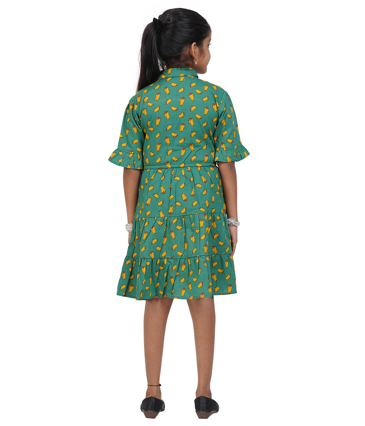 Girls Dark Green Geometric Printed Tiered Casual Dress