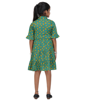 Girls Dark Green Geometric Printed Tiered Casual Dress