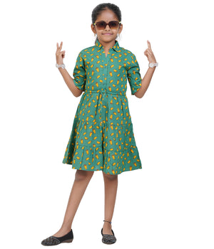 Girls Dark Green Geometric Printed Tiered Casual Dress