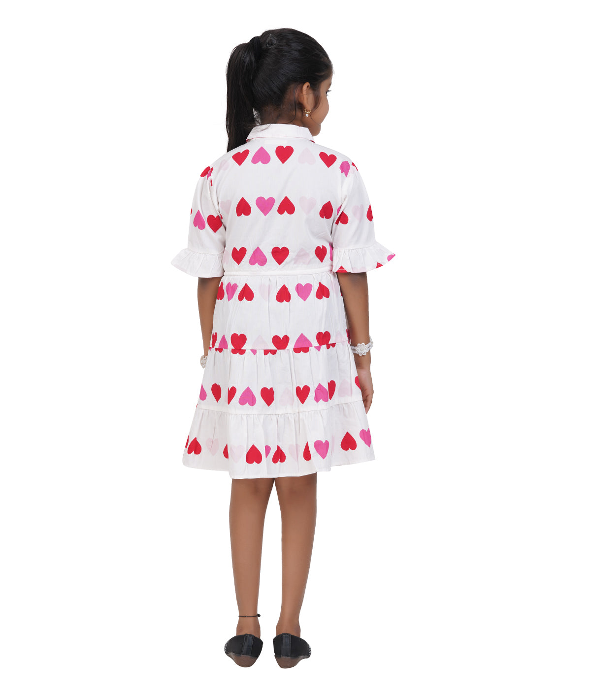 Girls White Multi-Heart Printed Tiered Casual Dress