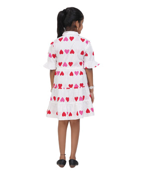 Girls White Multi-Heart Printed Tiered Casual Dress