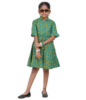Girls Dark Green Geometric Printed Tiered Casual Dress