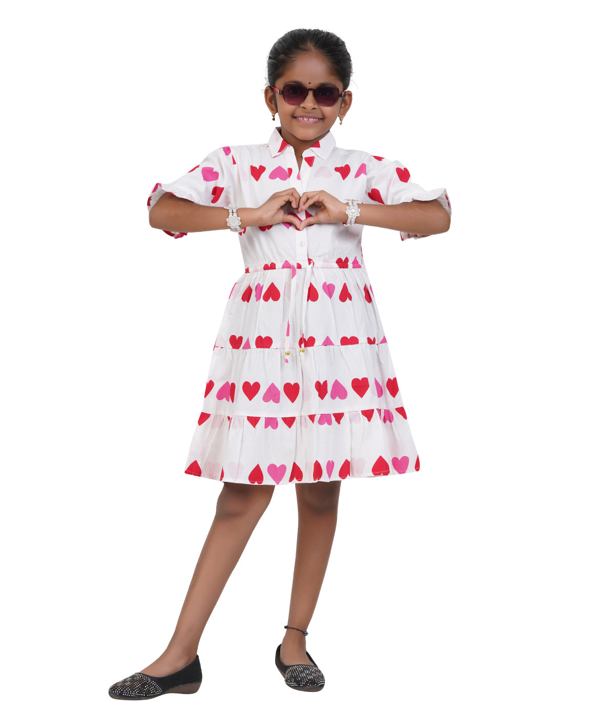 Girls White Multi-Heart Printed Tiered Casual Dress