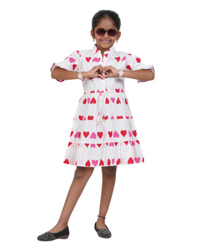 Girls White Multi-Heart Printed Tiered Casual Dress