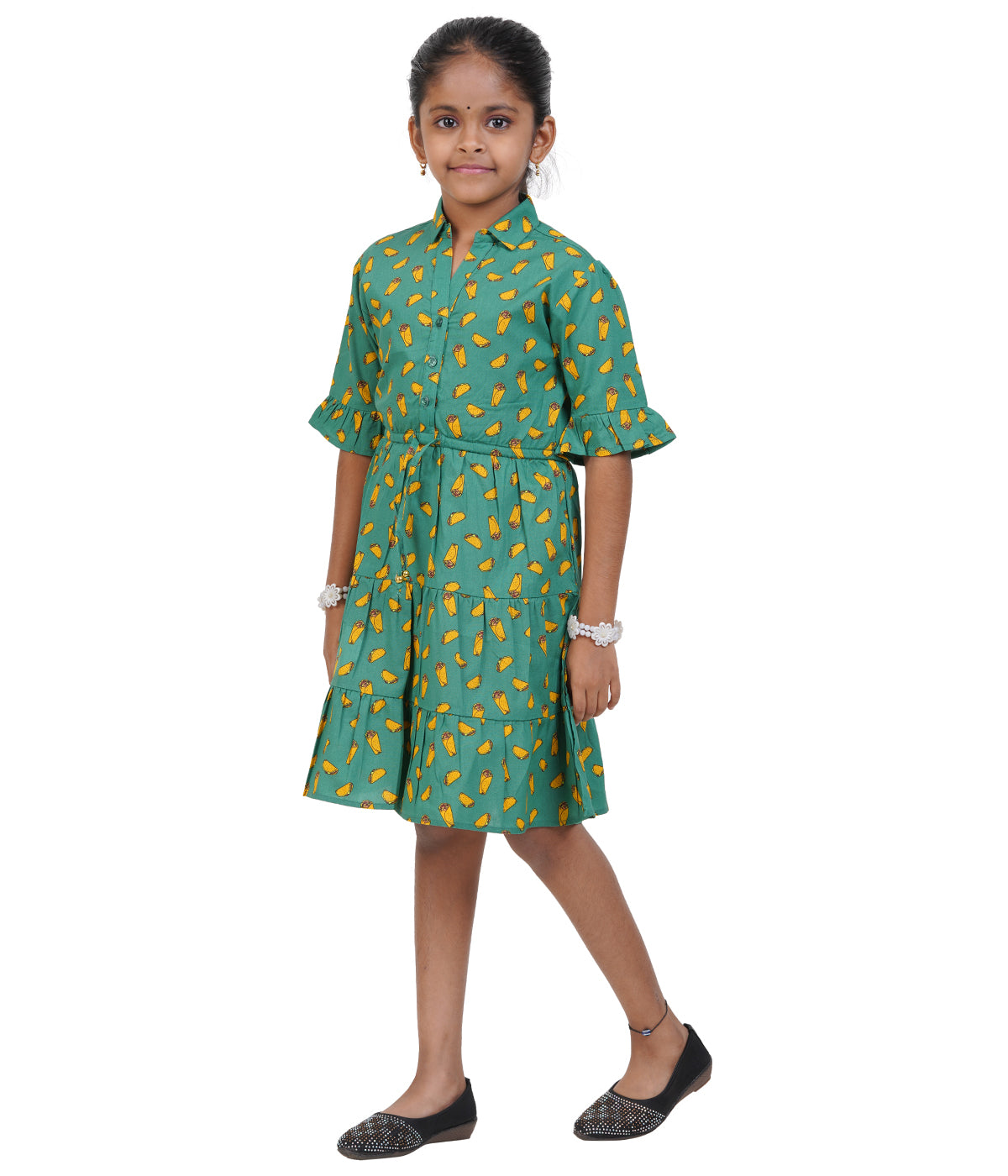 Girls Dark Green Geometric Printed Tiered Casual Dress