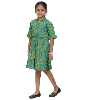 Girls Dark Green Geometric Printed Tiered Casual Dress