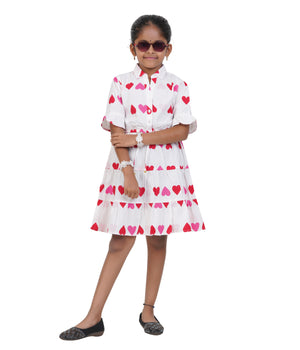 Girls White Multi-Heart Printed Tiered Casual Dress