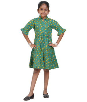 Girls Dark Green Geometric Printed Tiered Casual Dress