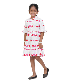 Girls White Multi-Heart Printed Tiered Casual Dress