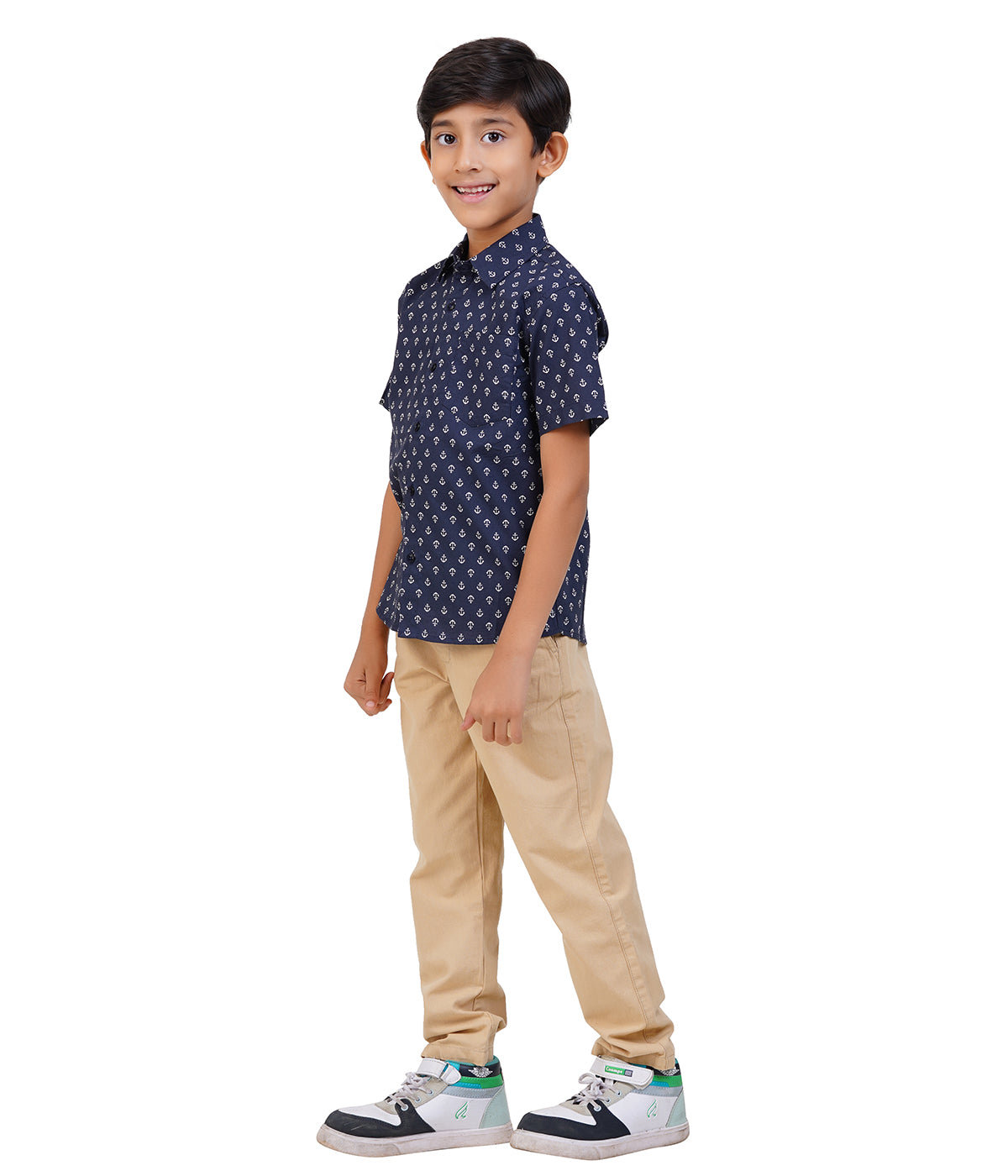 Boys Navy Blue Anchor Printed Casual Shirt