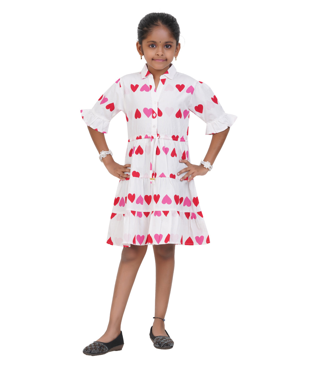 Girls White Multi-Heart Printed Tiered Casual Dress