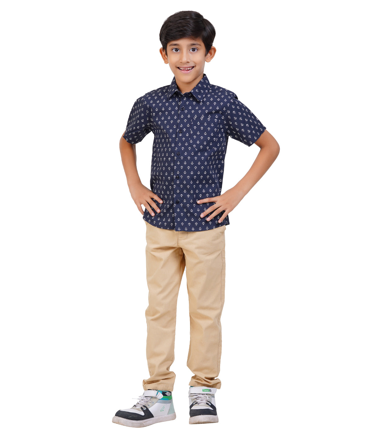 Boys Navy Blue Anchor Printed Casual Shirt