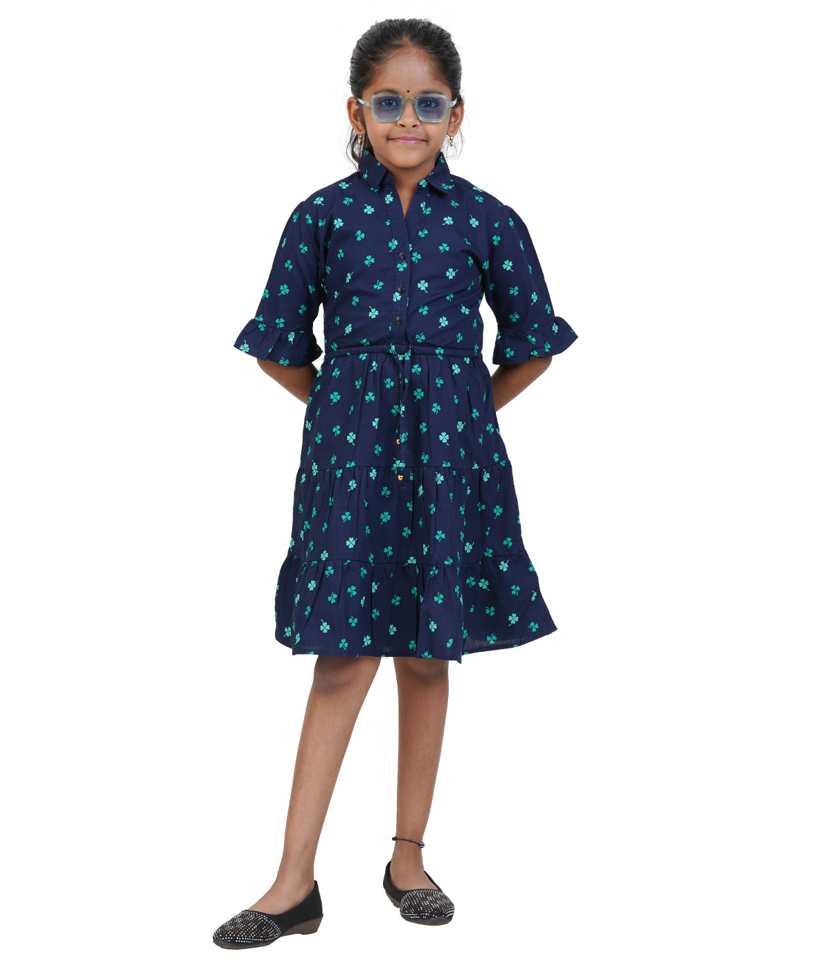 Girls Dark Blue Printed Ruffled-Sleeve Dress