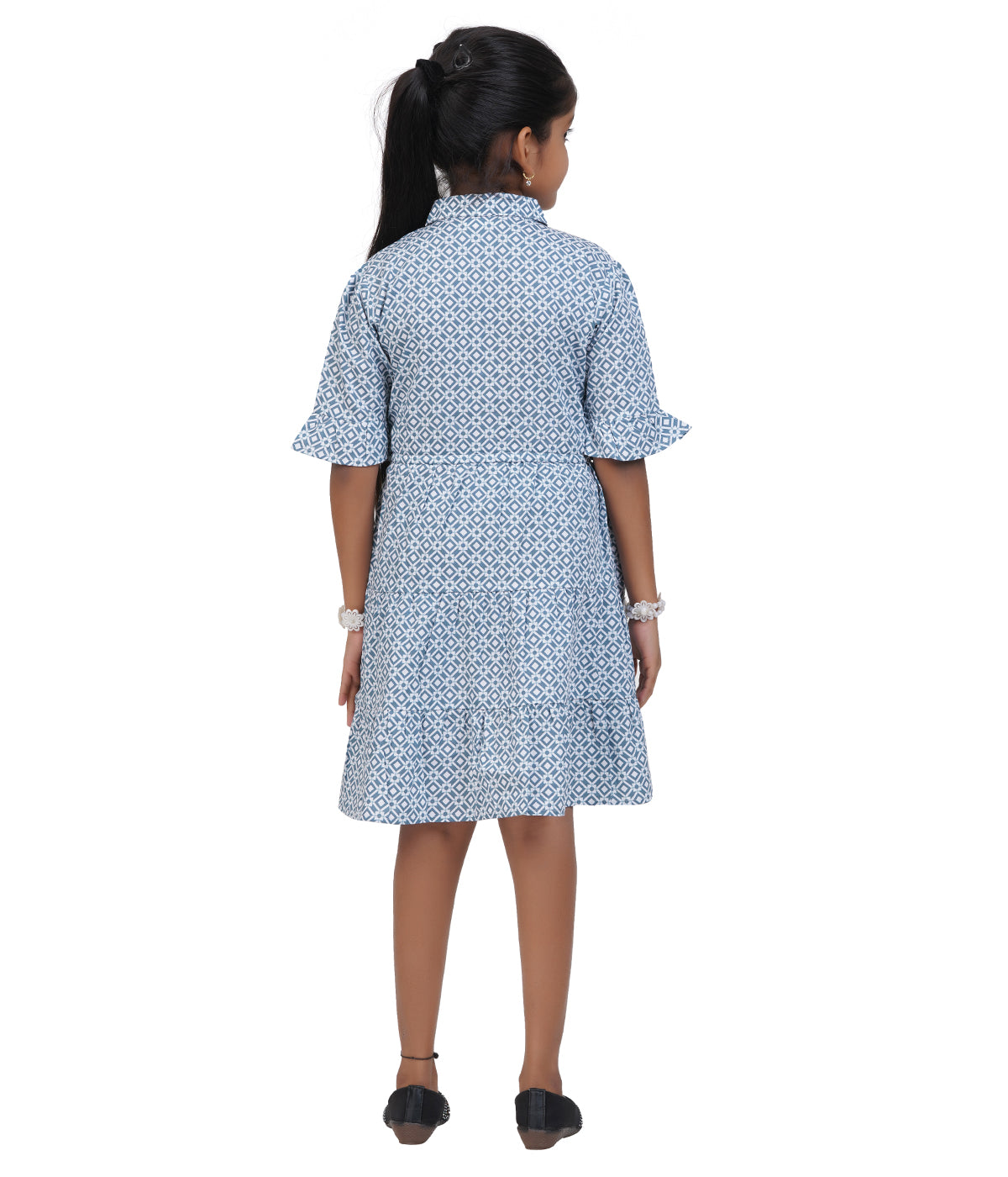 Girls' Blue and White Printed Shirt Dress with Belt