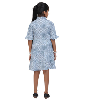 Girls' Blue and White Printed Shirt Dress with Belt