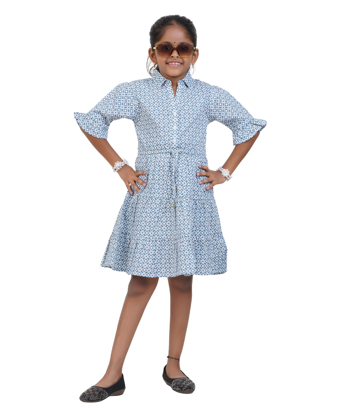 Girls' Blue and White Printed Shirt Dress with Belt