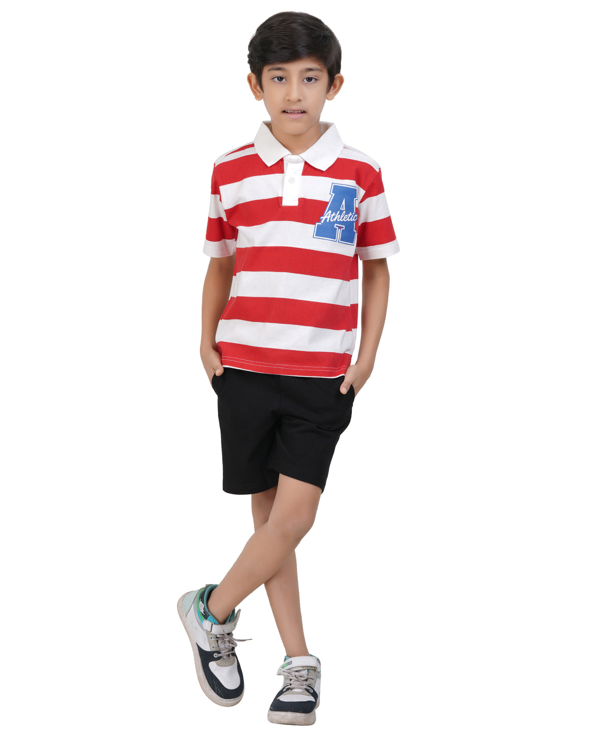 Striped Polo Shirt Black Casual Short